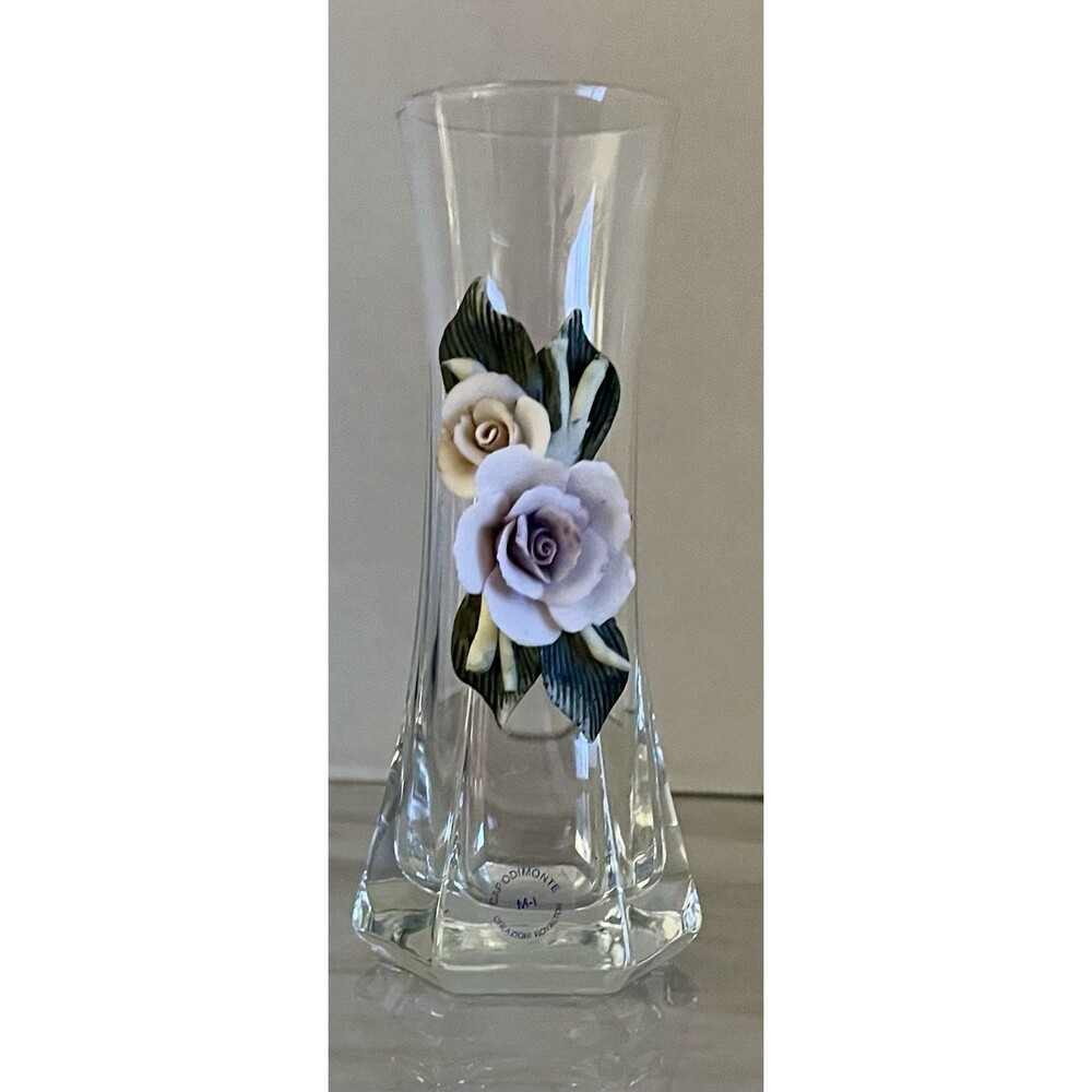Vintage Capodimonte Italy Glass Vase with Applied Porcelain Flowers 6”Roses